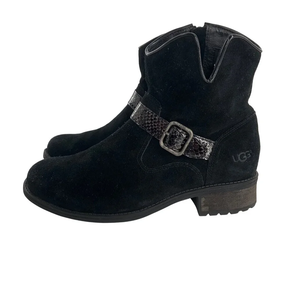 UGG Australia Black Suede Ankle Boots W/ Snakeskin Strap Womens Size 9 Classic - Picture 12 of 12